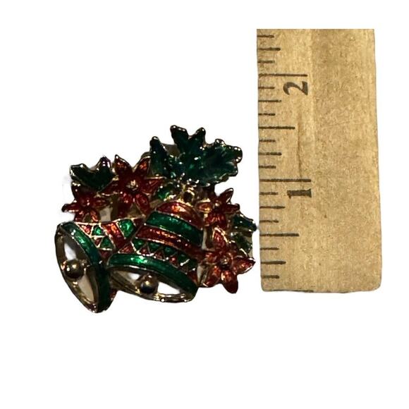Christmas Brooch Pin Bells Poinsettia Holiday Red Green Jewelry New Years Party - Picture 5 of 5